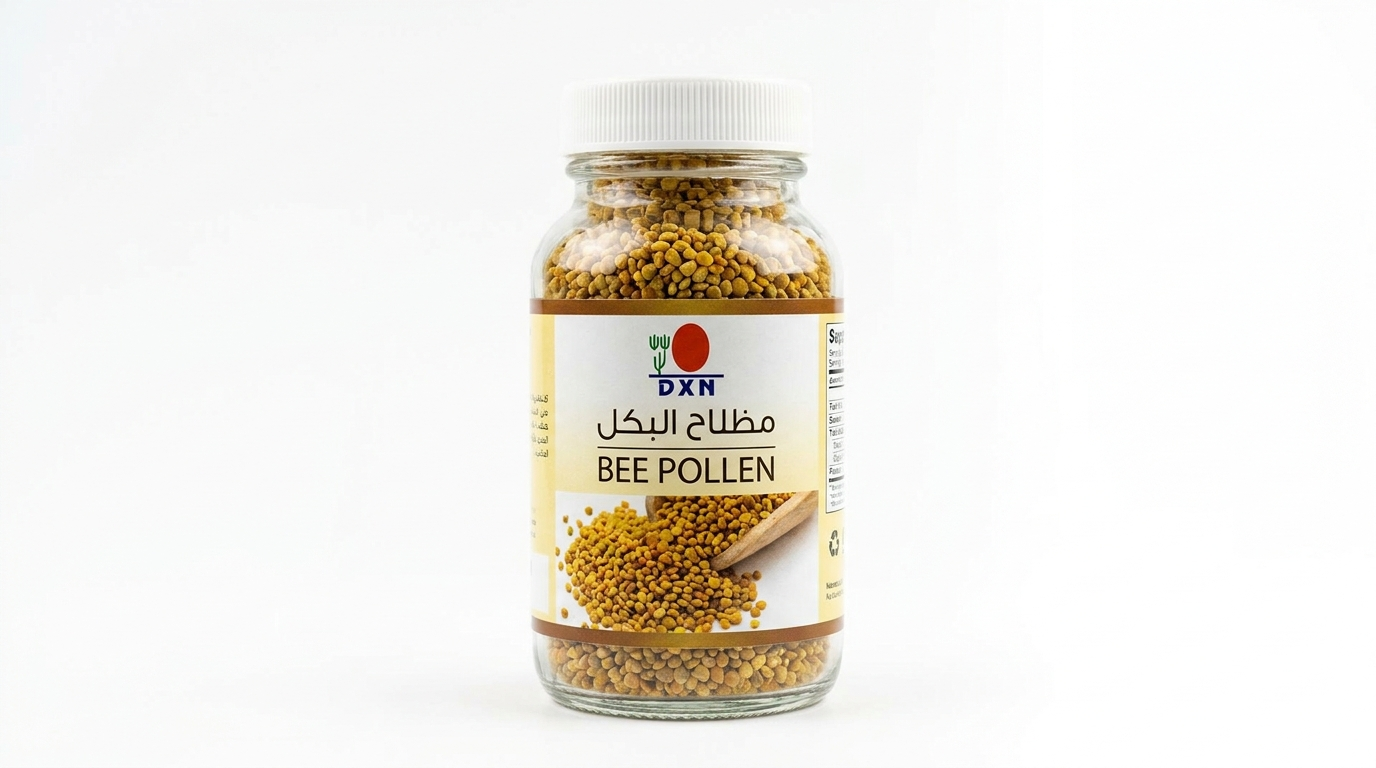 حبوب لقاح DXN — فوائده الغذائية وطريقة الاستخدام 1 حبوب لقاح DXN bee pollen مكمل غذائي طبيعي على خلفية بيضاء